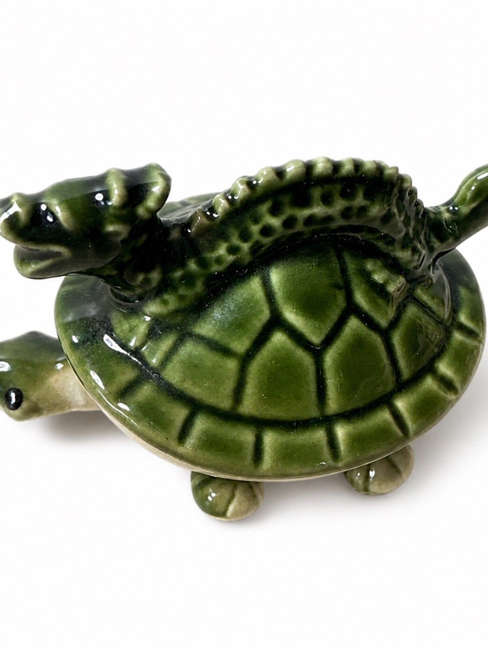 RARE Vintage Bobble Turtle W/ Alligator On Back Ceramic Figurine Display UNIQUE